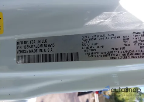 2021 Jeep Gladiator Freedom 4X4 из США, поврежденный, VIN 1C6HJTAG3ML577615